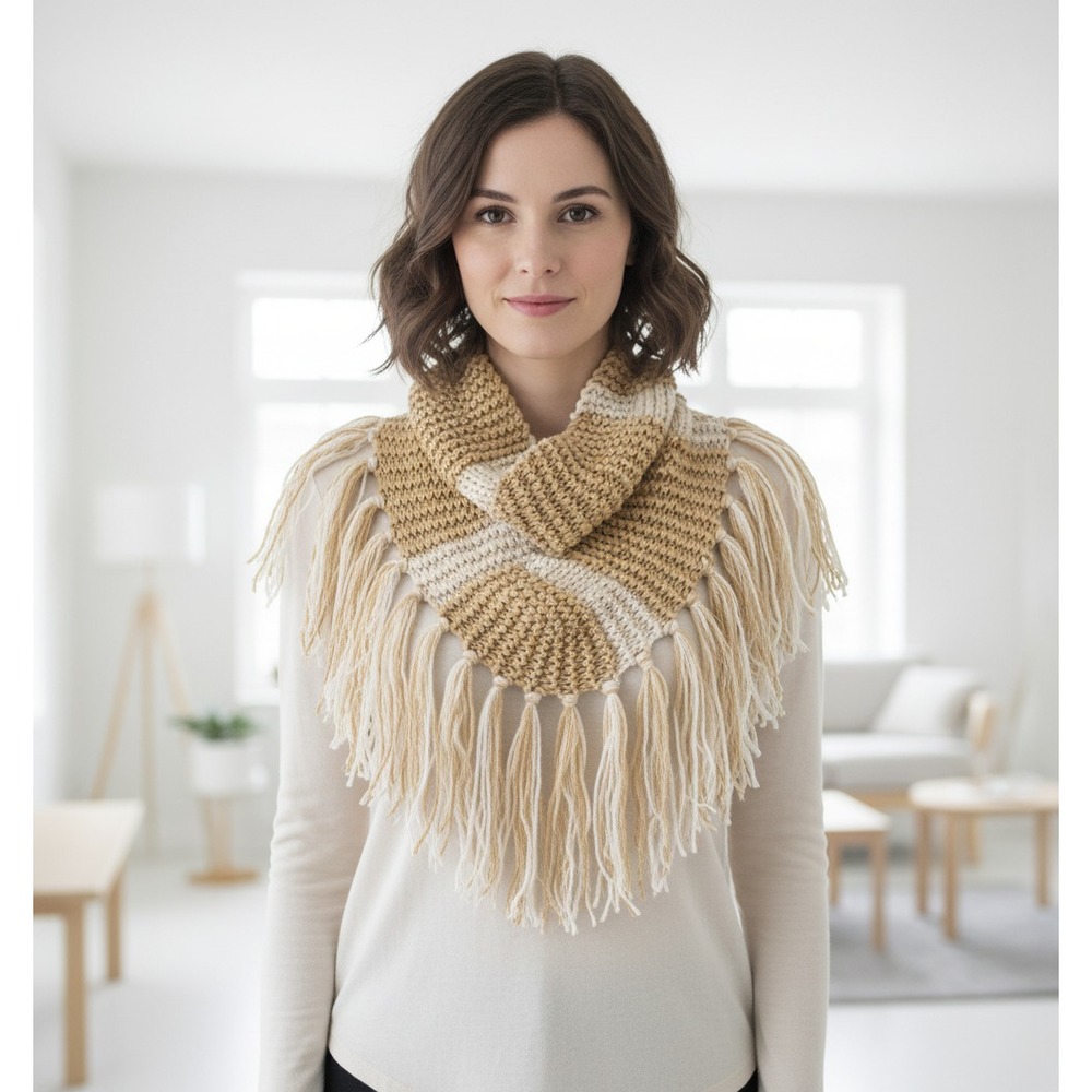 NEW‎ Cowl Scarf Fringe Hand Knitted Beige Cream Boho Cottage Fairy Whimsy Artsy